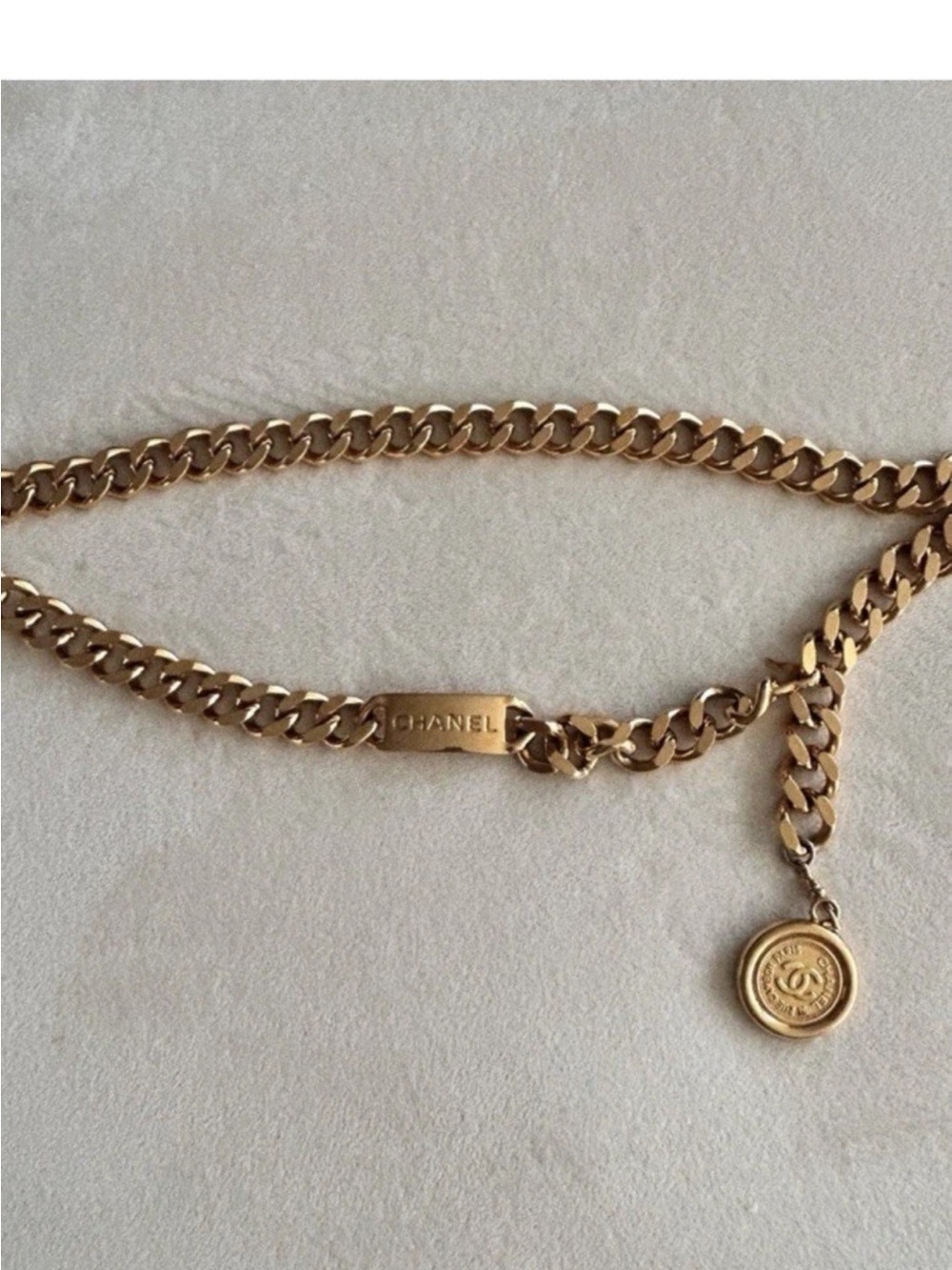 CHANEL Gold Chain Belt with Logo Medallion